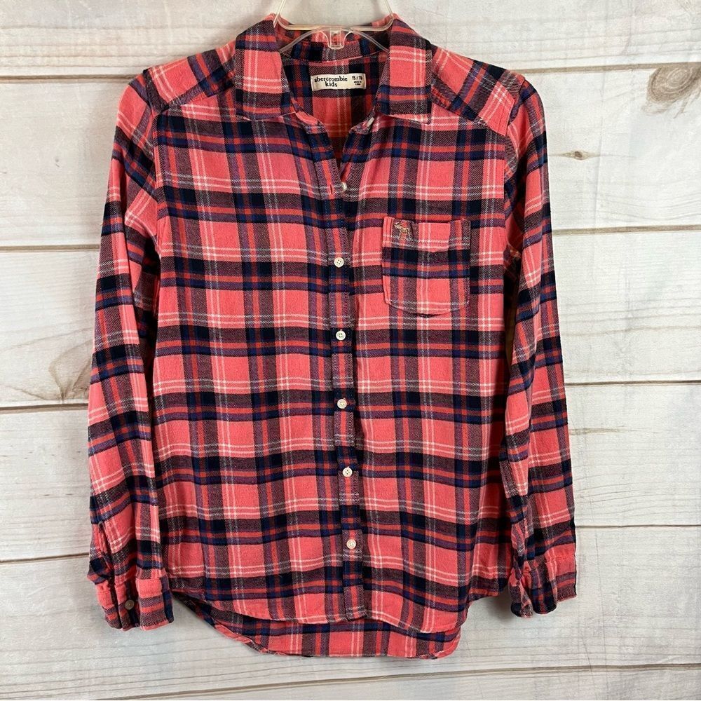 Girls Abercrombie Kids Pink Flannel Plaid Shirt Shacket Size 15/16 Fall …
